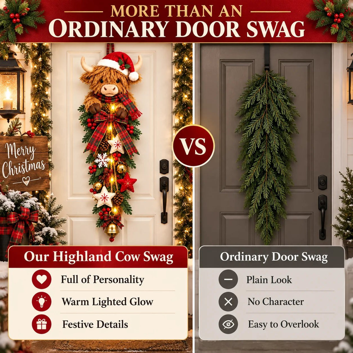 Sevair Deco Lighted Highland Cow Christmas Door Swag