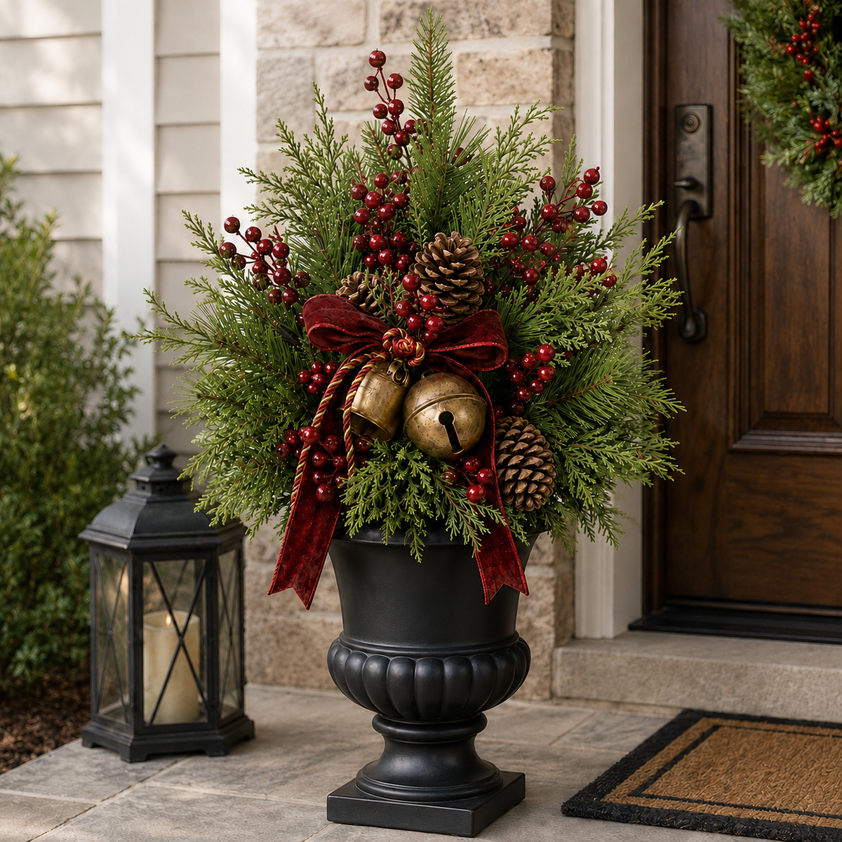 Sevair Deco 24-Inch Pre-Lit Artificial Christmas Evergreen Urn Filler with Berries, Pinecones & Vintage Bells