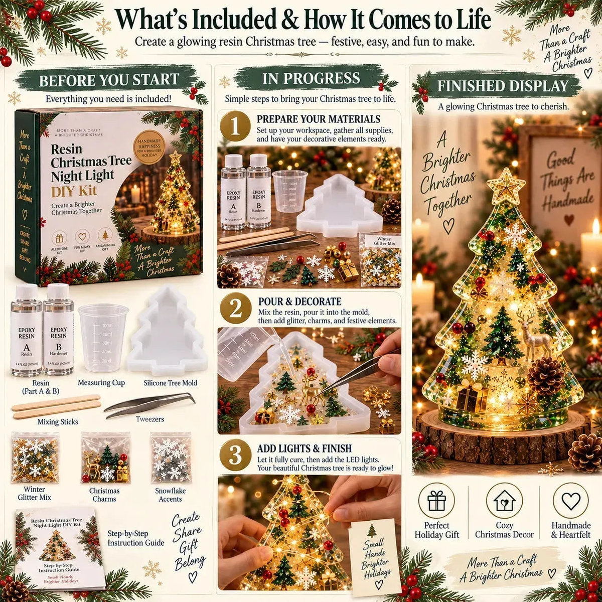 Sevair Deco Beginner-Friendly Resin Christmas Tree Night Light DIY Kit