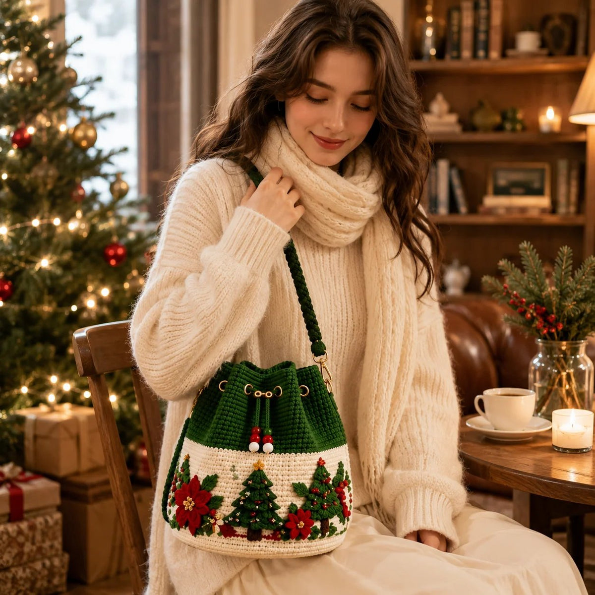 Sevair Deco Christmas Crochet Bucket Crossbody Bag