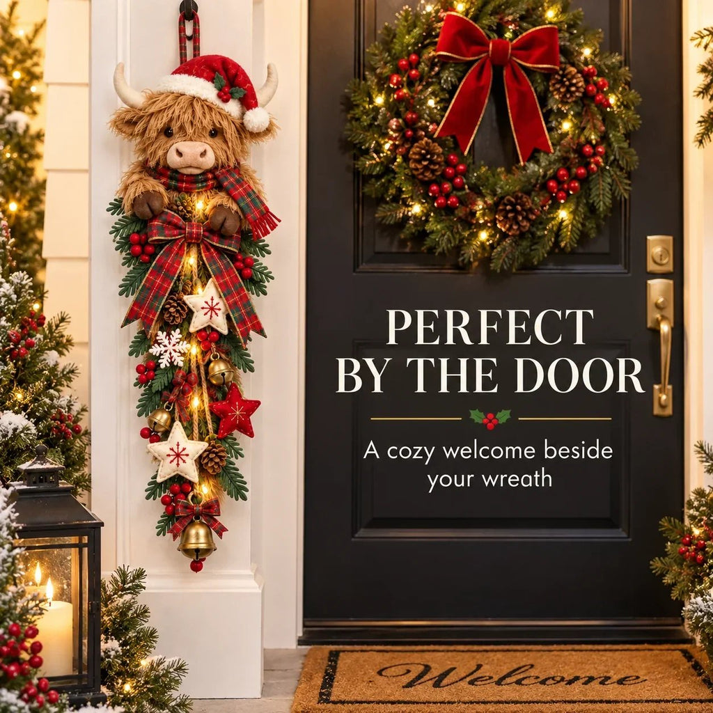 Sevair Deco Lighted Highland Cow Christmas Door Swag