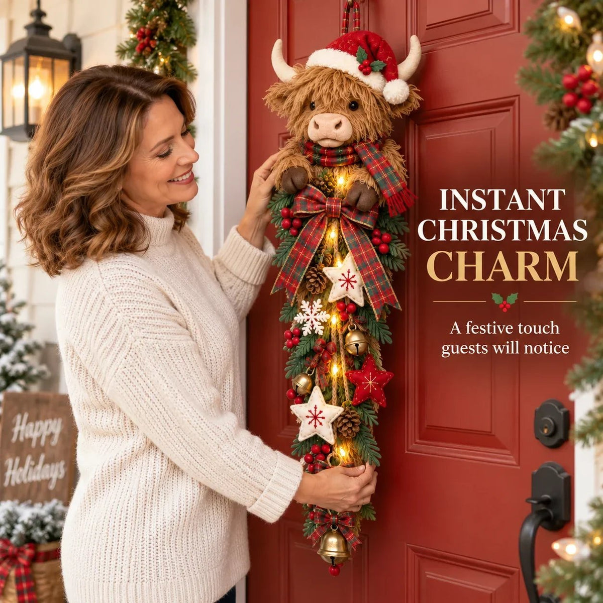 Sevair Deco Lighted Highland Cow Christmas Door Swag