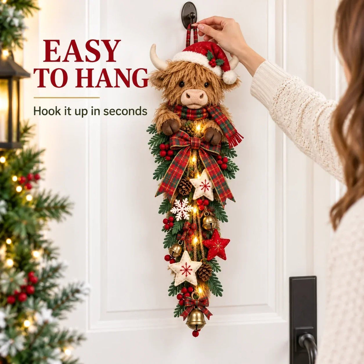 Sevair Deco Lighted Highland Cow Christmas Door Swag