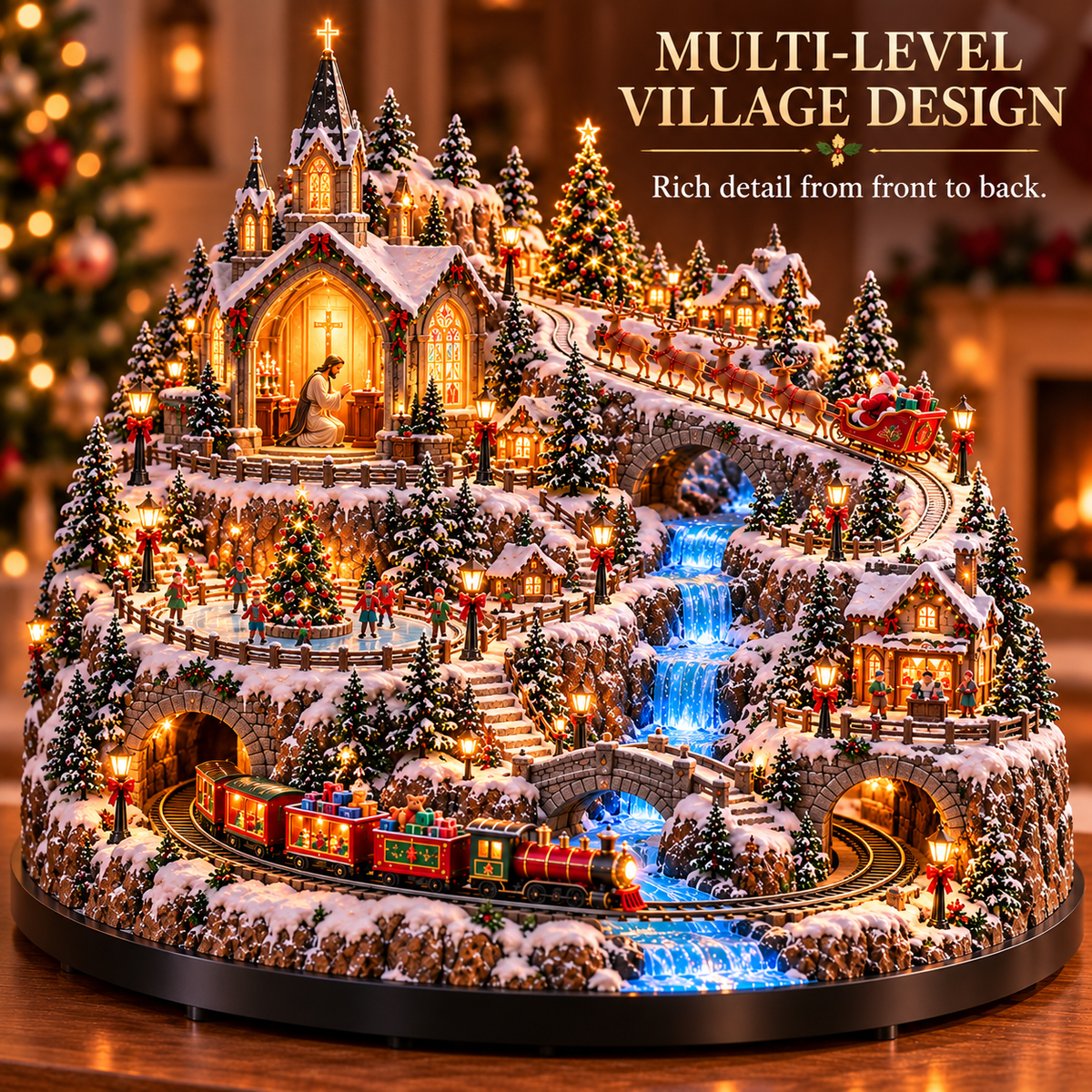 Sevair Deco Lighted Animated Christmas Village with Train, Reindeer Sleigh & Waterfall