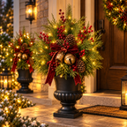 Sevair Deco 24-Inch Pre-Lit Artificial Christmas Evergreen Urn Filler with Berries, Pinecones & Vintage Bells