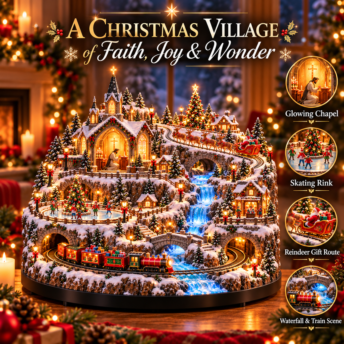Sevair Deco Lighted Animated Christmas Village with Train, Reindeer Sleigh & Waterfall