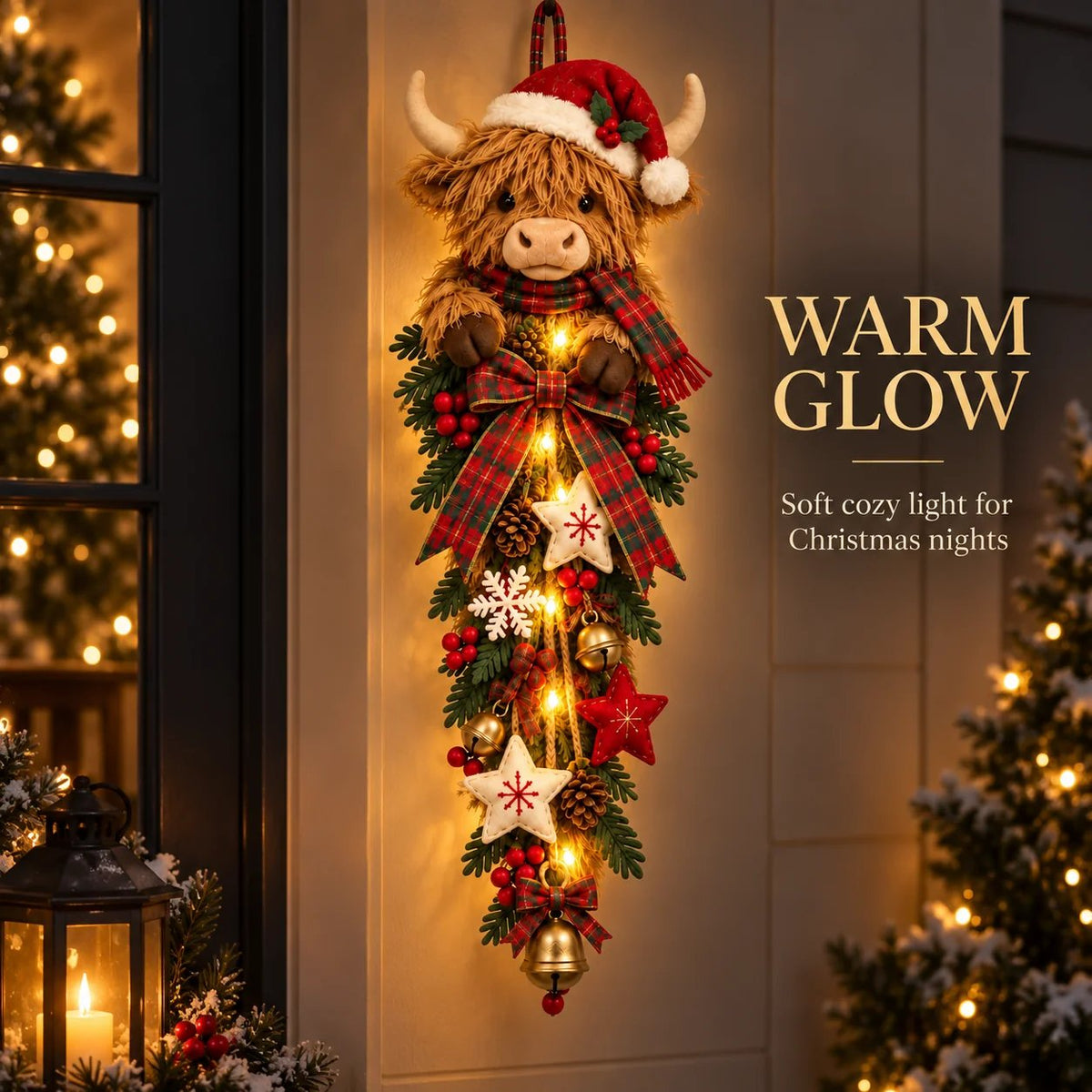 Sevair Deco Lighted Highland Cow Christmas Door Swag