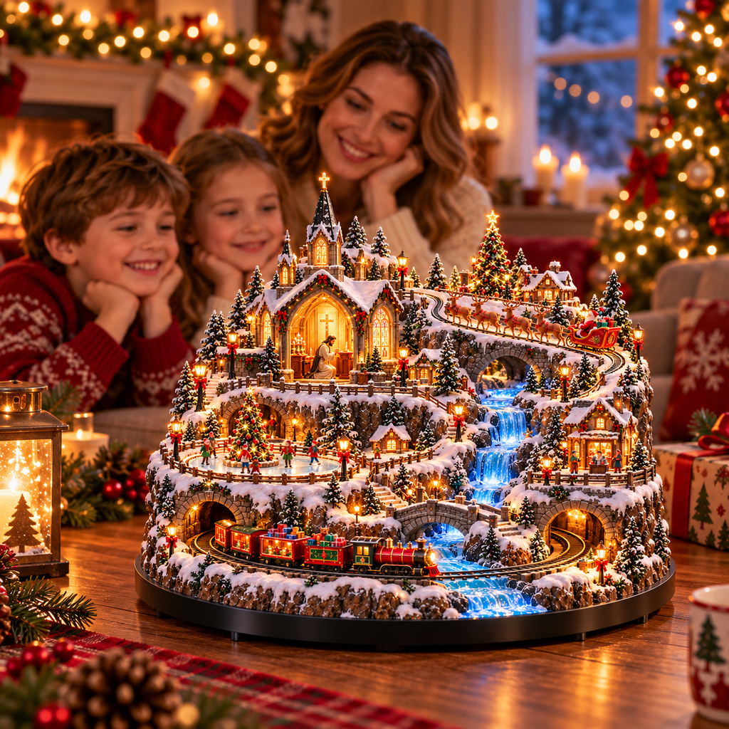 Sevair Deco Lighted Animated Christmas Village with Train, Reindeer Sleigh & Waterfall