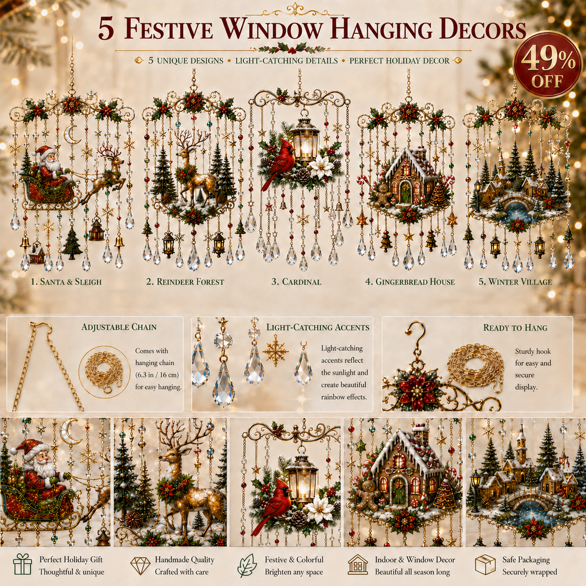 Sevair Deco Handmade Christmas Stained Glass Window Hanging