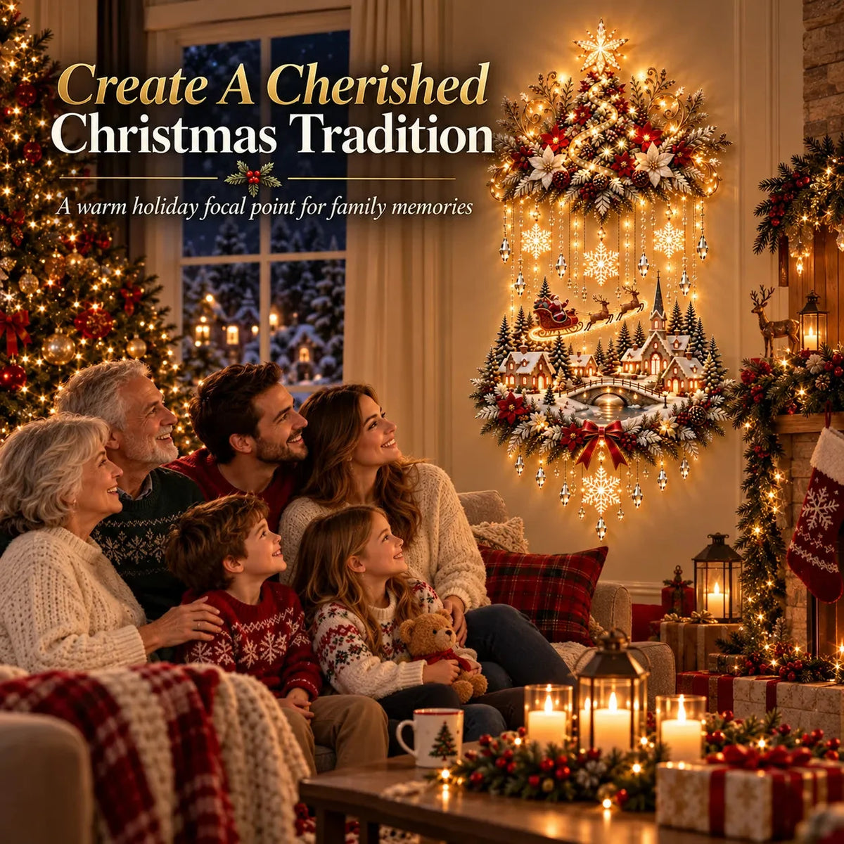 Sevair Deco Illuminated Christmas Tree & Village Wall Hanging