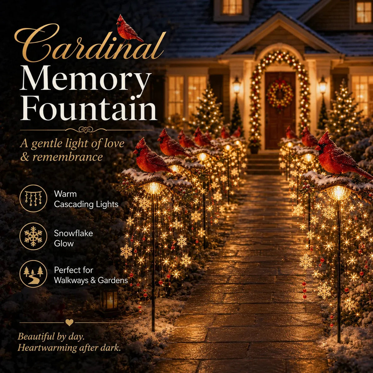 Sevair Deco Cardinal Memory Fountain – Lighted Christmas Remembrance Garden Decor