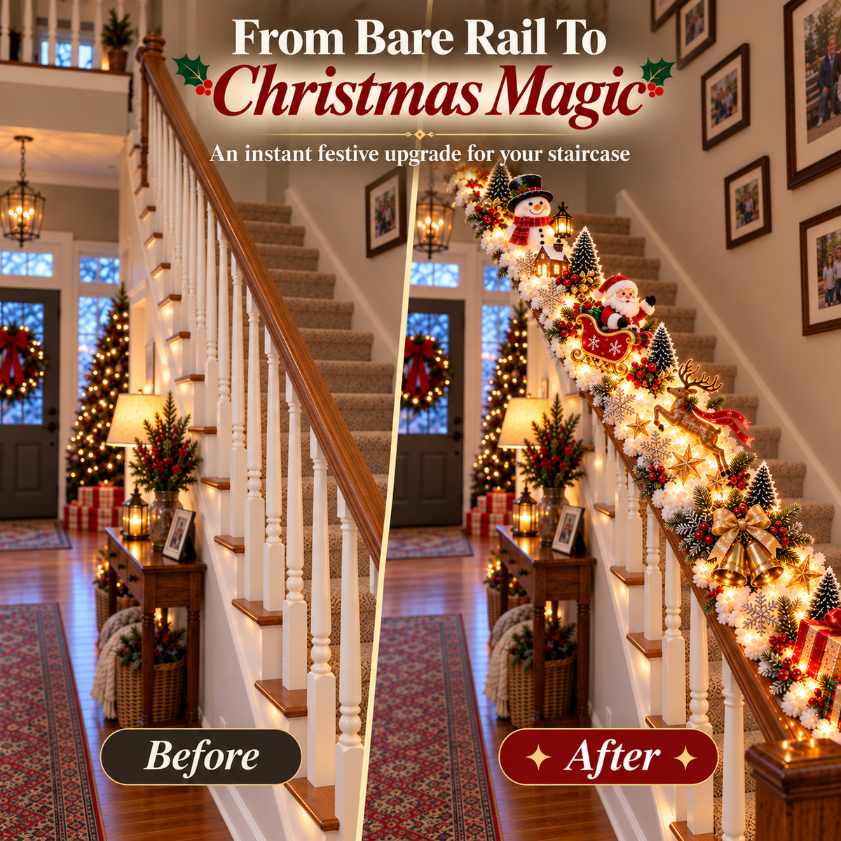 Sevair Deco Santa’s Sleigh Snowy Stair Railing Decor