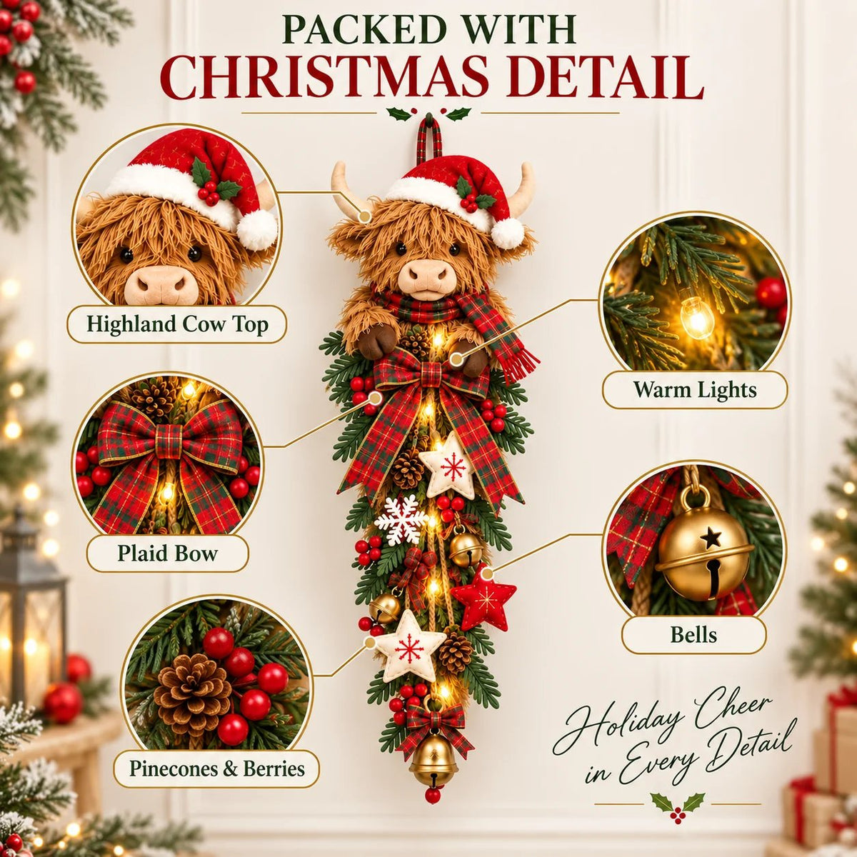 Sevair Deco Lighted Highland Cow Christmas Door Swag
