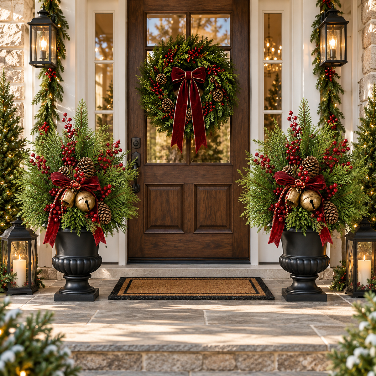 Sevair Deco 24-Inch Pre-Lit Artificial Christmas Evergreen Urn Filler with Berries, Pinecones & Vintage Bells