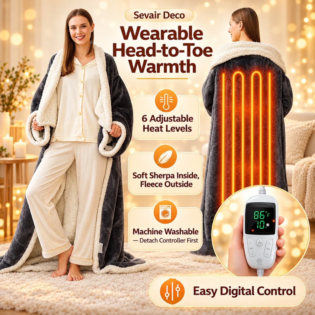 Sevair Deco Wearable Heated Blanket with Sleeves & Foot Pocket