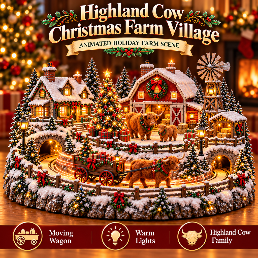 Sevair Deco Animated Highland Cow Christmas Village