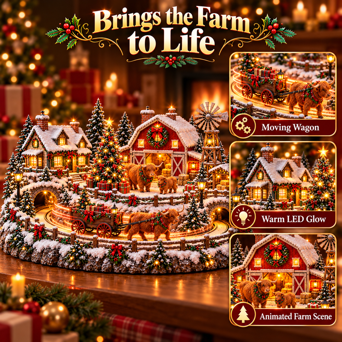Sevair Deco Animated Highland Cow Christmas Village