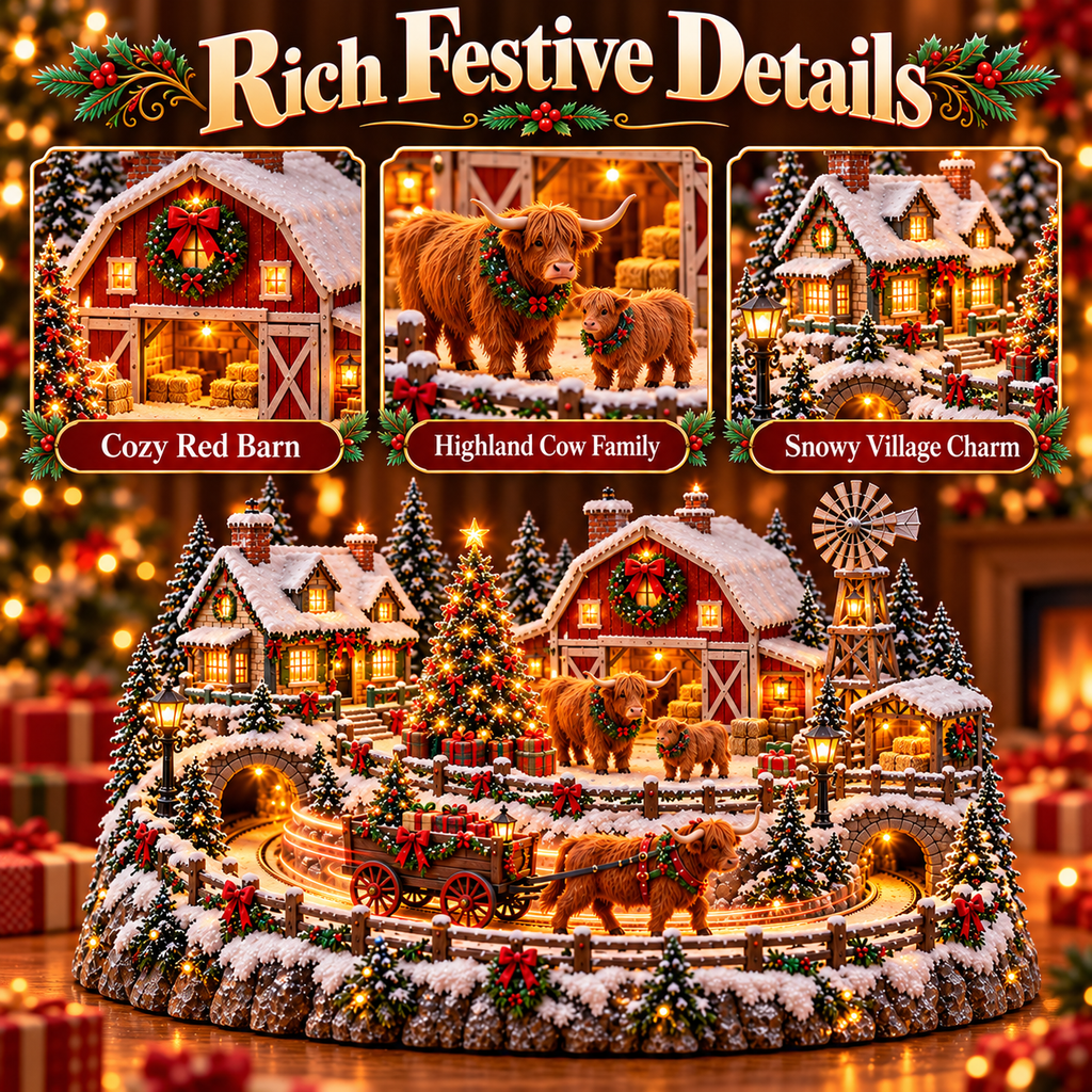 Sevair Deco Animated Highland Cow Christmas Village