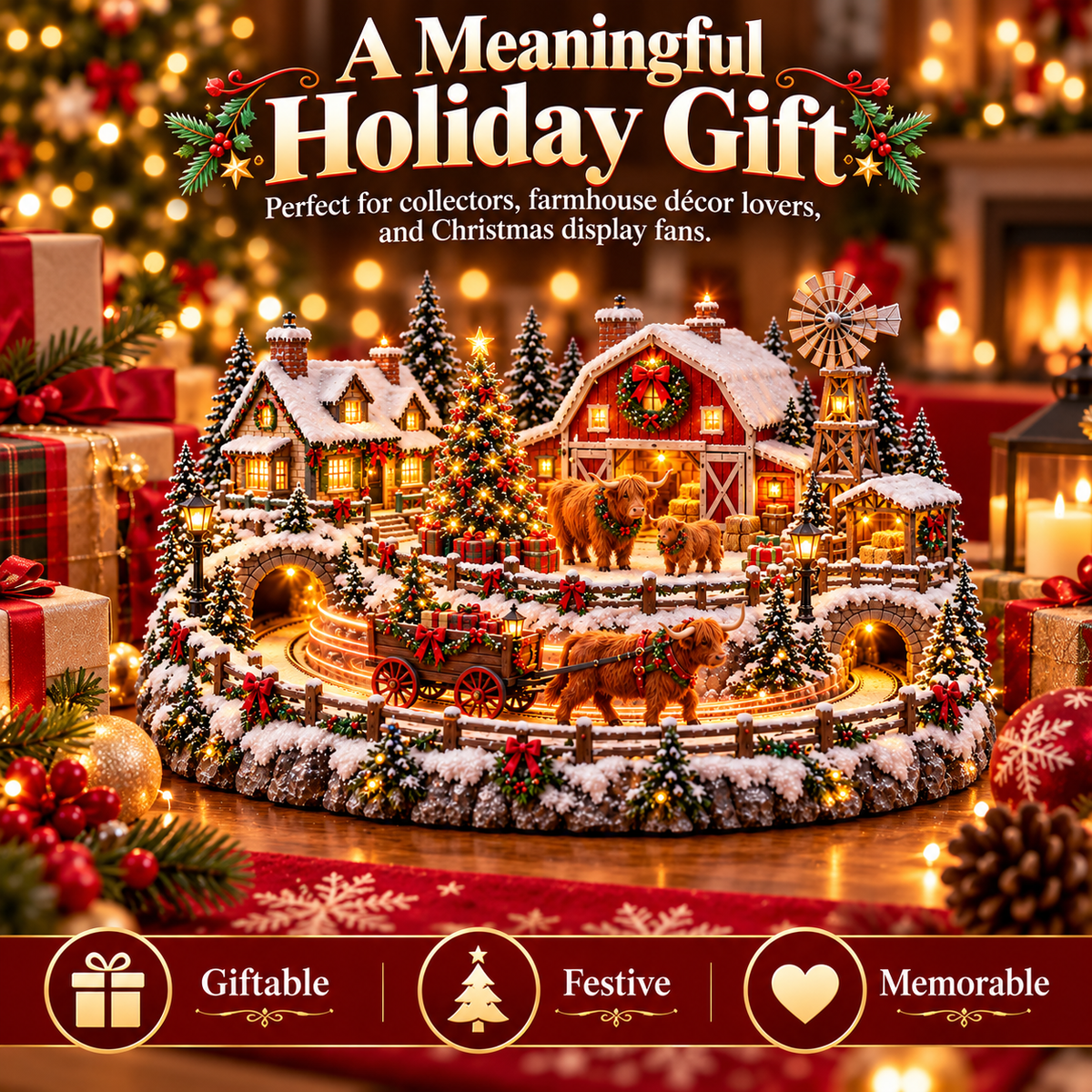 Sevair Deco Animated Highland Cow Christmas Village