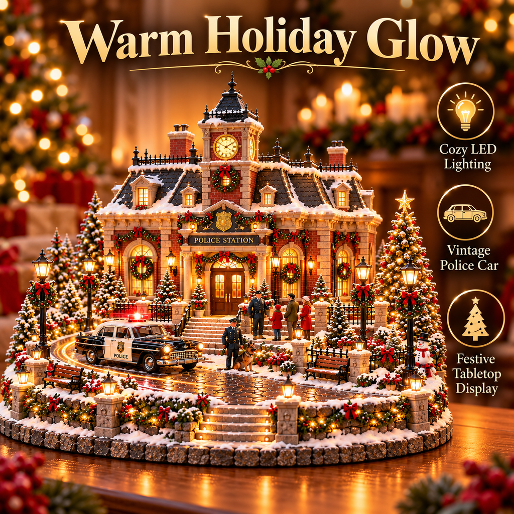 Sevair Deco Christmas Police Station Village – Warm LED Lights, Vintage Patrol Car & K9 Holiday Display