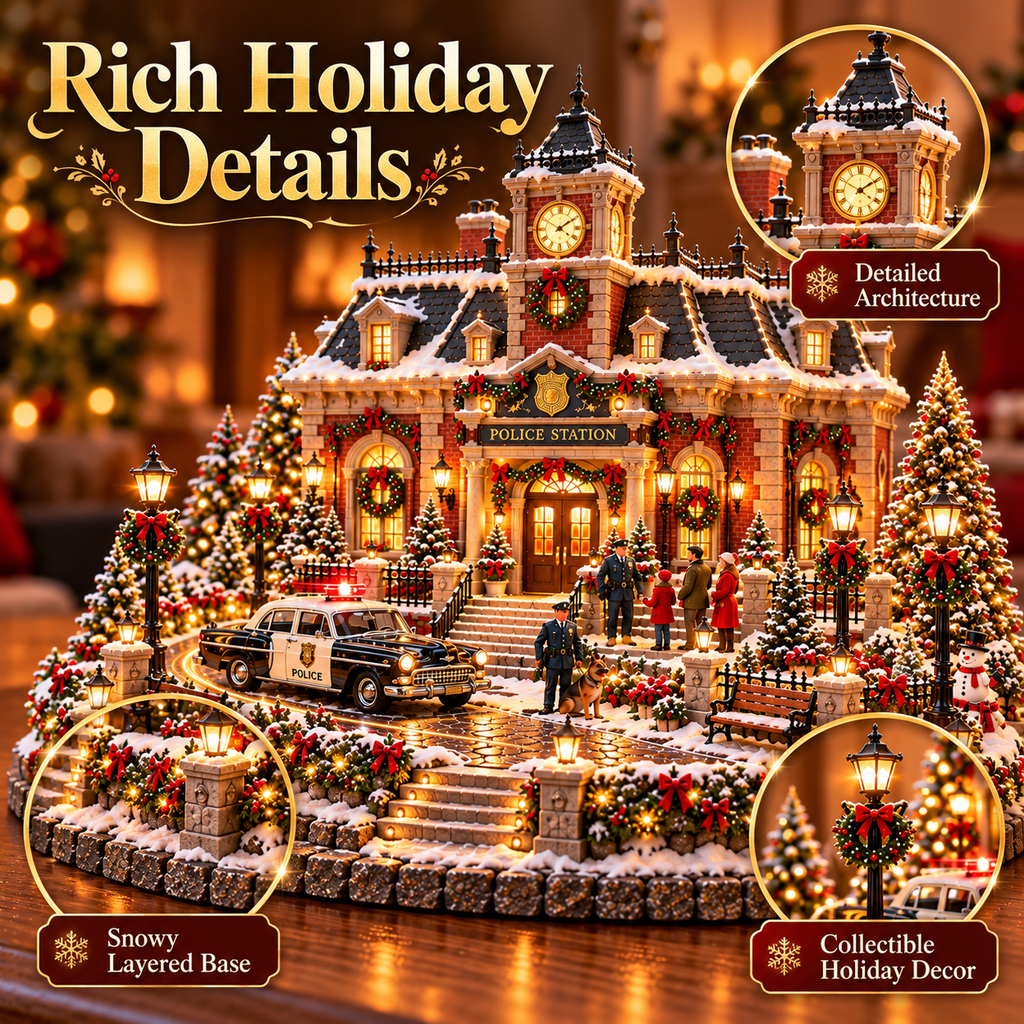 Sevair Deco Christmas Police Station Village – Warm LED Lights, Vintage Patrol Car & K9 Holiday Display