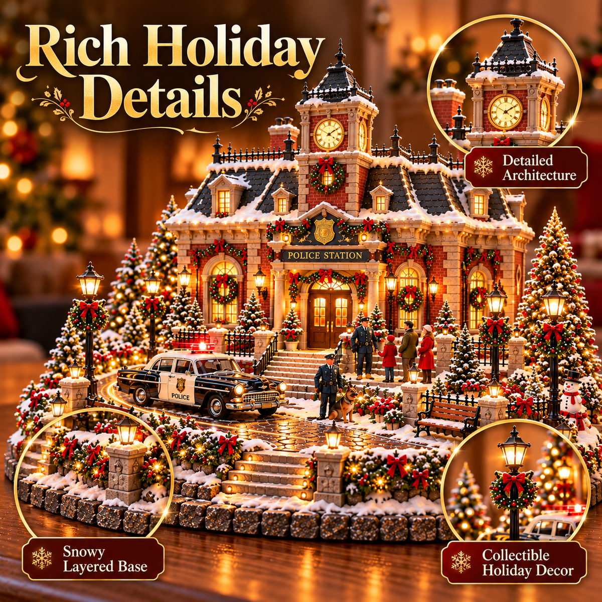 Sevair Deco Christmas Police Station Village – Warm LED Lights, Vintage Patrol Car & K9 Holiday Display