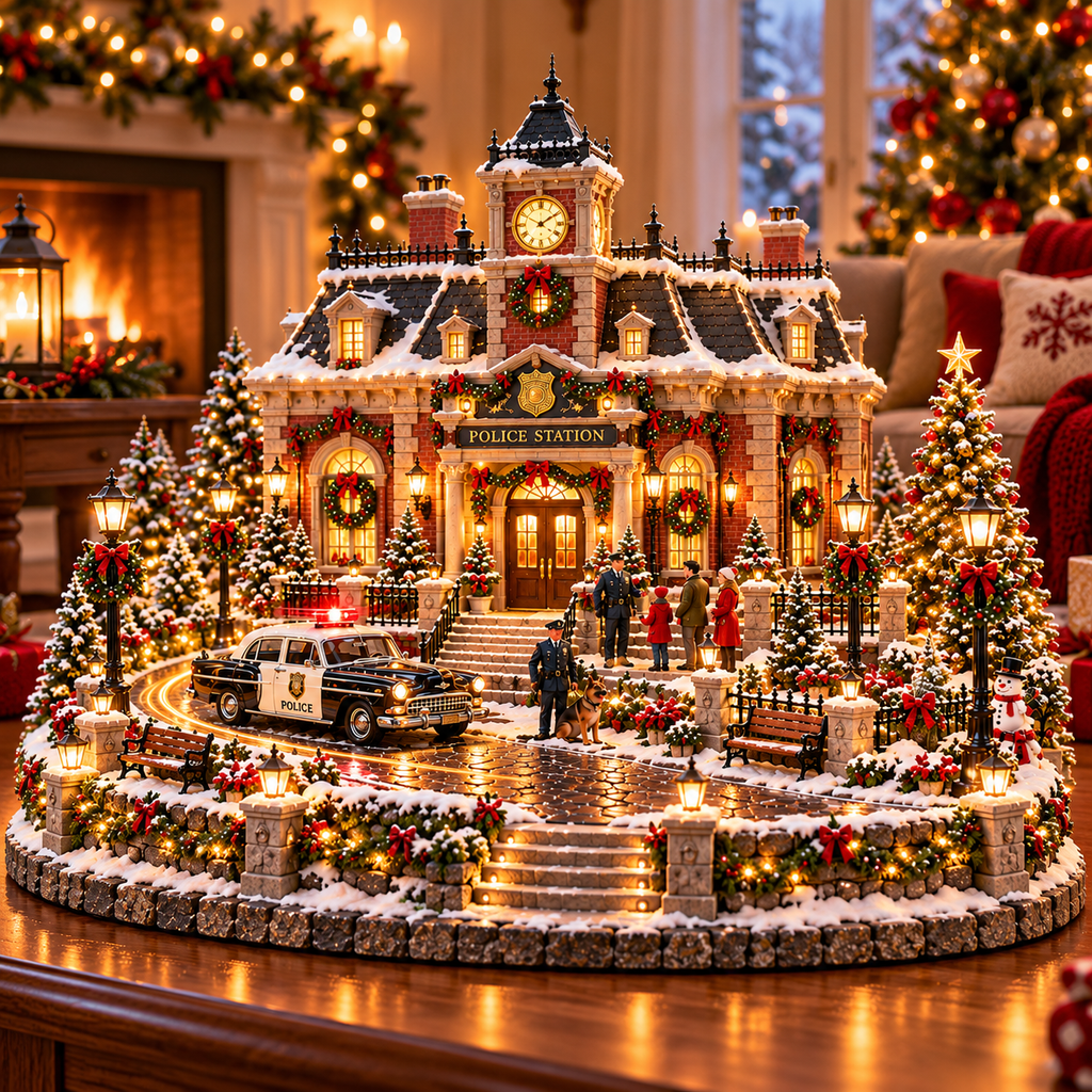 Sevair Deco Christmas Police Station Village – Warm LED Lights, Vintage Patrol Car & K9 Holiday Display