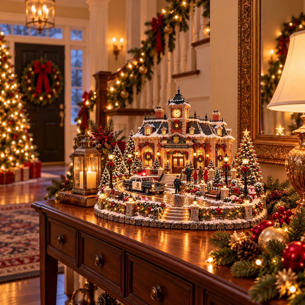 Sevair Deco Christmas Police Station Village – Warm LED Lights, Vintage Patrol Car & K9 Holiday Display