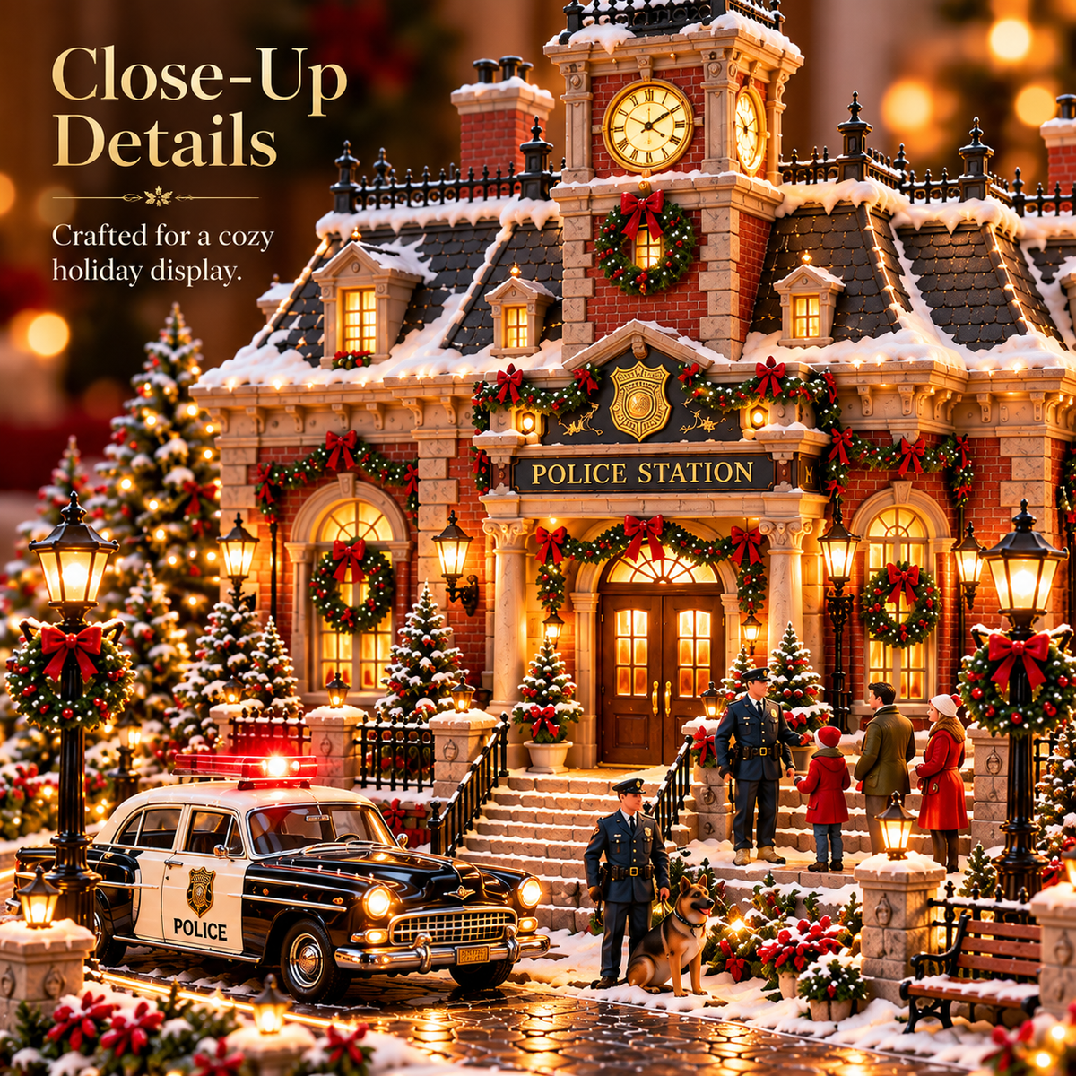 Sevair Deco Christmas Police Station Village – Warm LED Lights, Vintage Patrol Car & K9 Holiday Display
