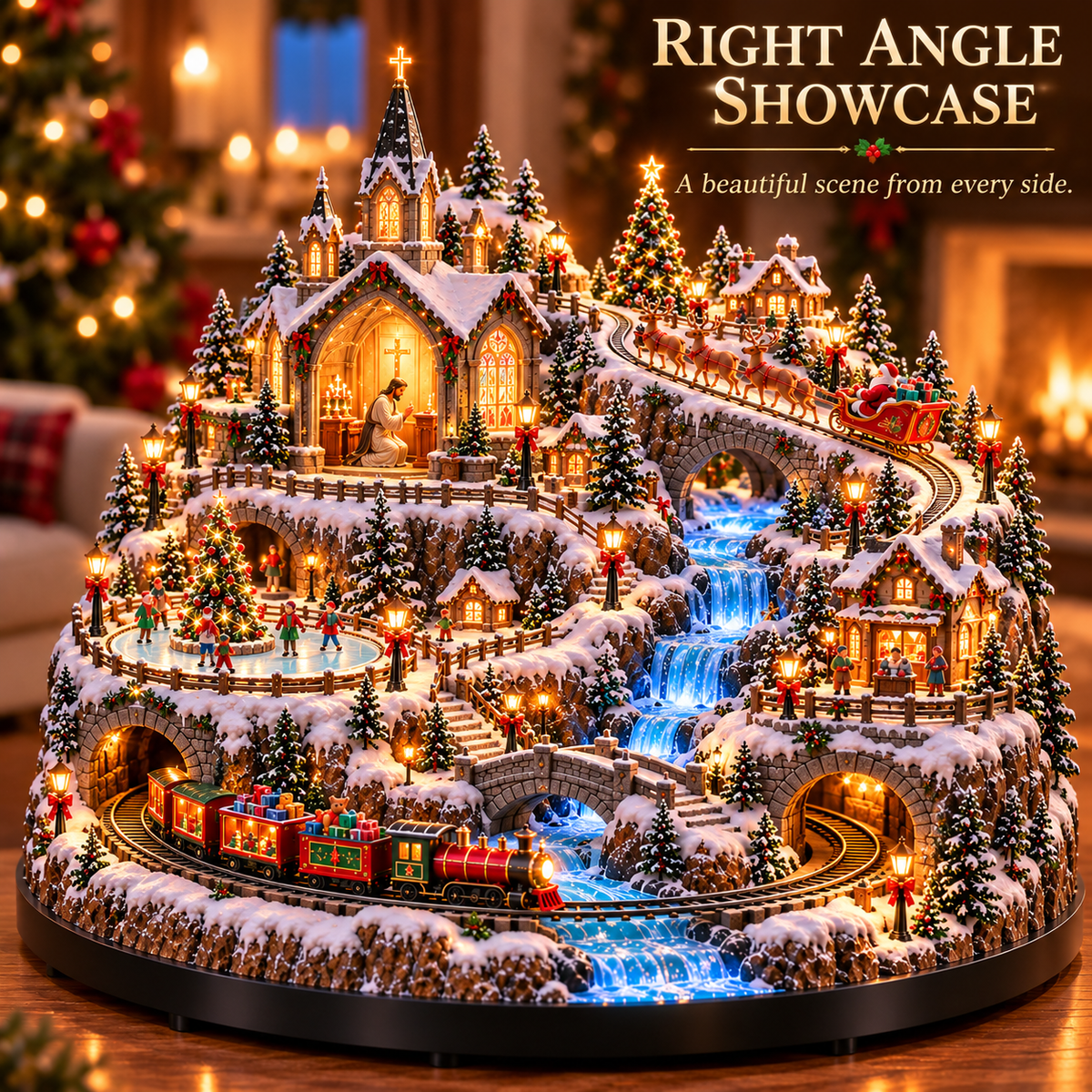 Sevair Deco Lighted Animated Christmas Village with Train, Reindeer Sleigh & Waterfall