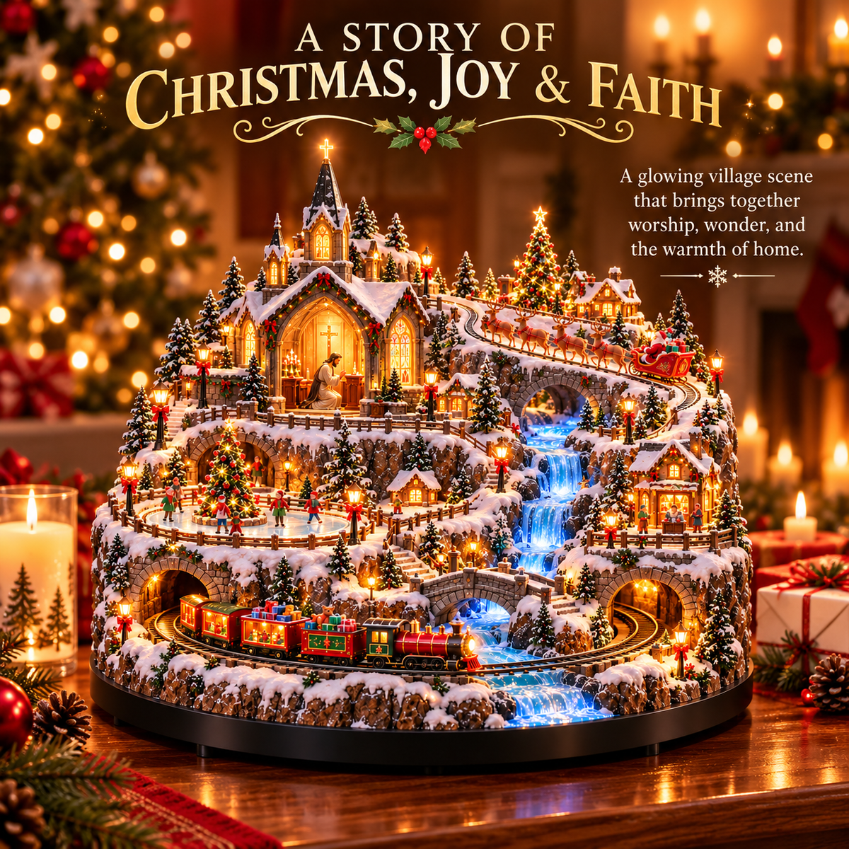 Sevair Deco Lighted Animated Christmas Village with Train, Reindeer Sleigh & Waterfall
