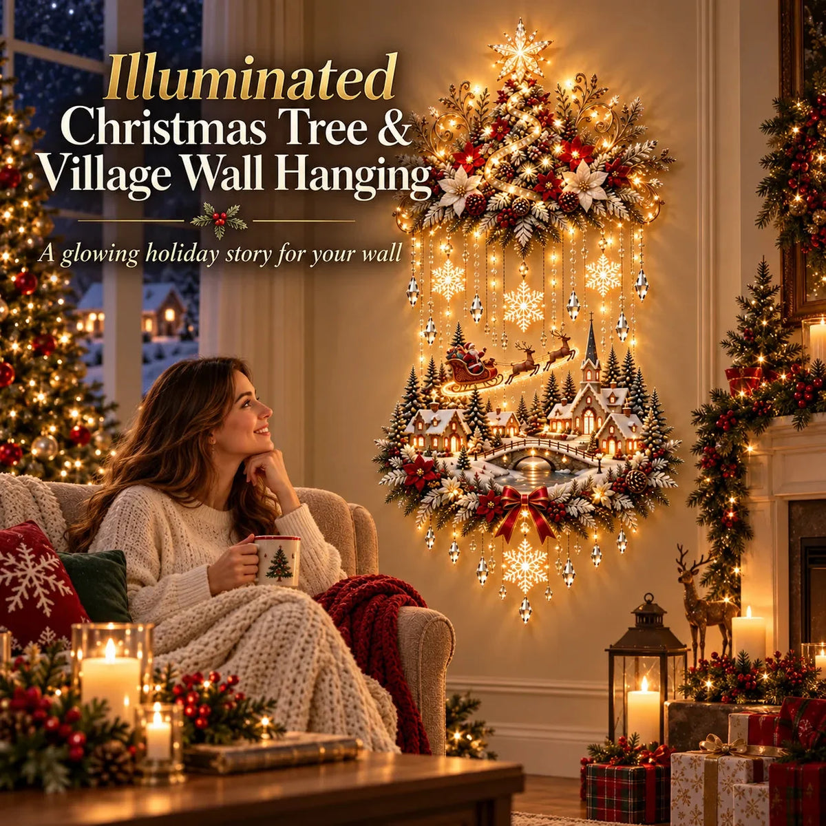 Sevair Deco Illuminated Christmas Tree & Village Wall Hanging