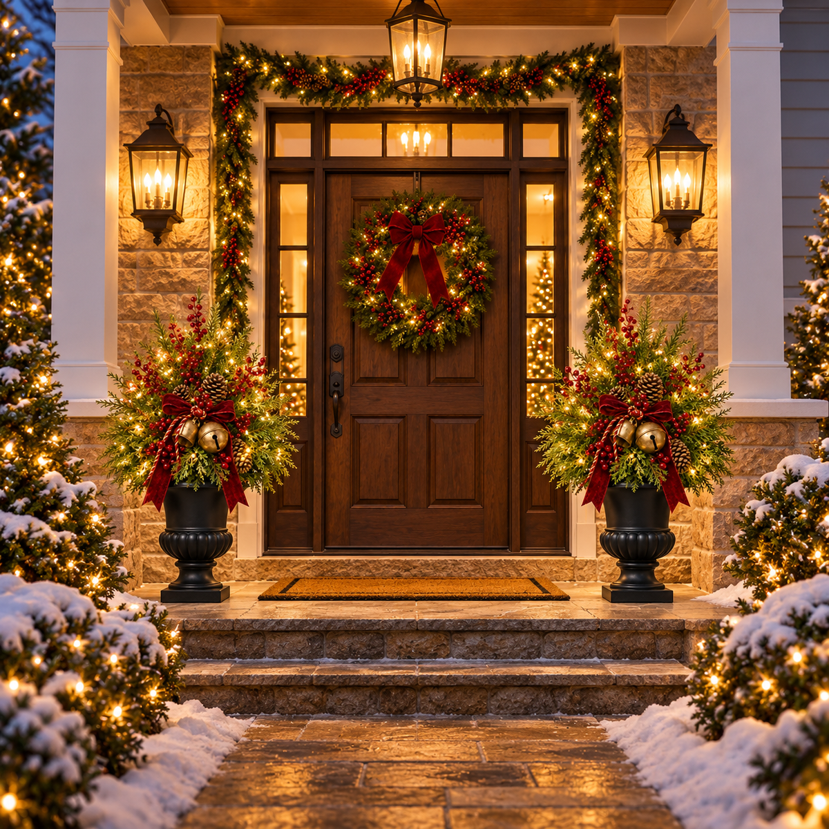 Sevair Deco 24-Inch Pre-Lit Artificial Christmas Evergreen Urn Filler with Berries, Pinecones & Vintage Bells