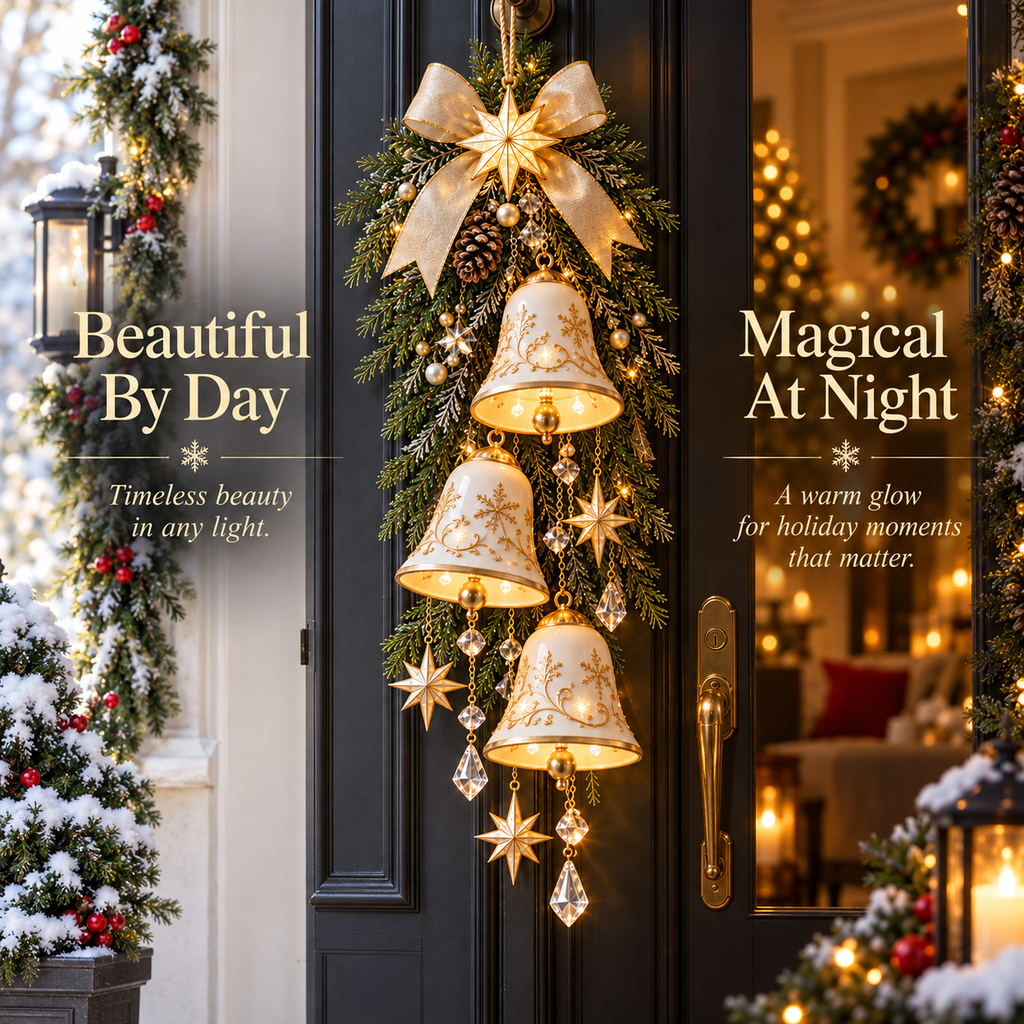 Sevair Deco Golden Bell Blessing Cascade – Lighted Christmas Door Decor