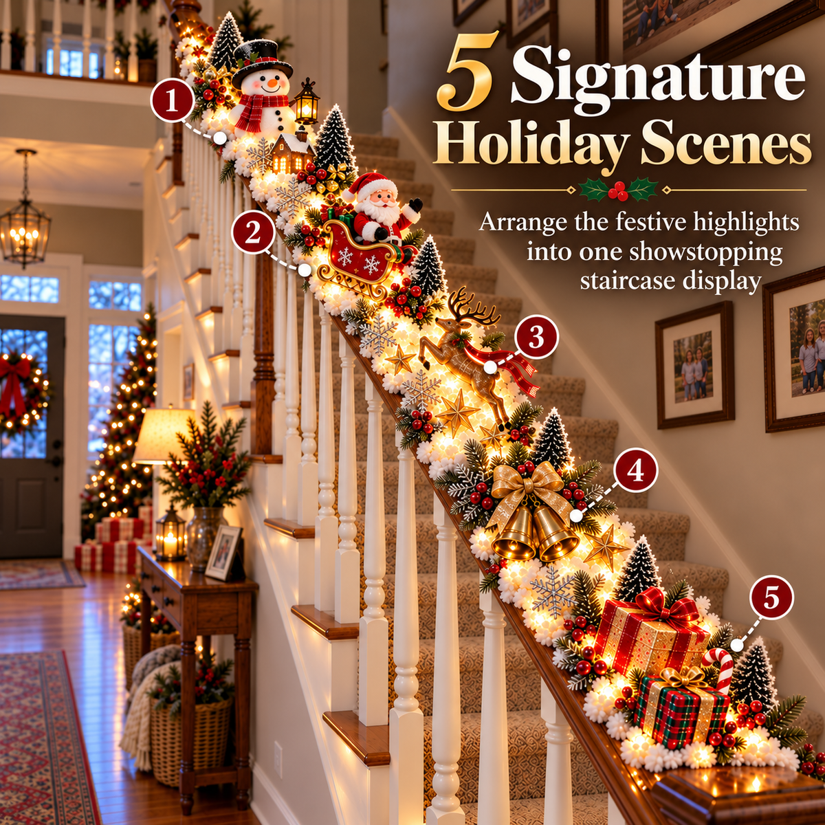 Sevair Deco Santa’s Sleigh Snowy Stair Railing Decor