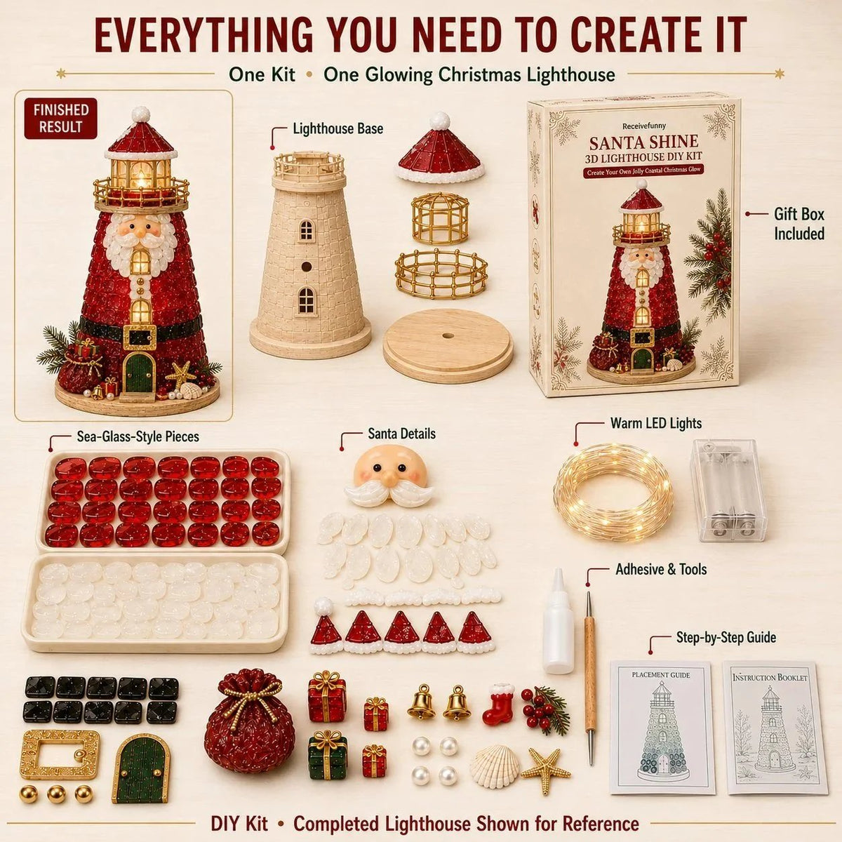 Sevair Deco Beginner-Friendly DIY Lighted Christmas Character Sea Glass-Style Lighthouse Kit Collection