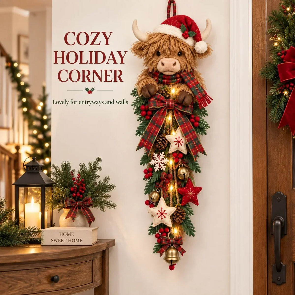 Sevair Deco Lighted Highland Cow Christmas Door Swag