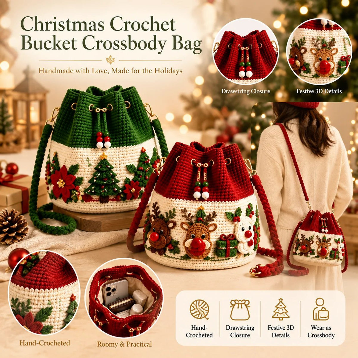 Sevair Deco Christmas Crochet Bucket Crossbody Bag