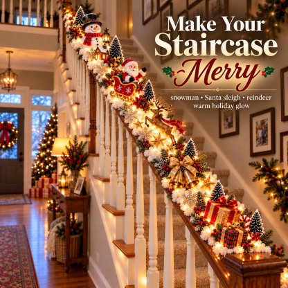 Sevair Deco Santa’s Sleigh Snowy Stair Railing Decor