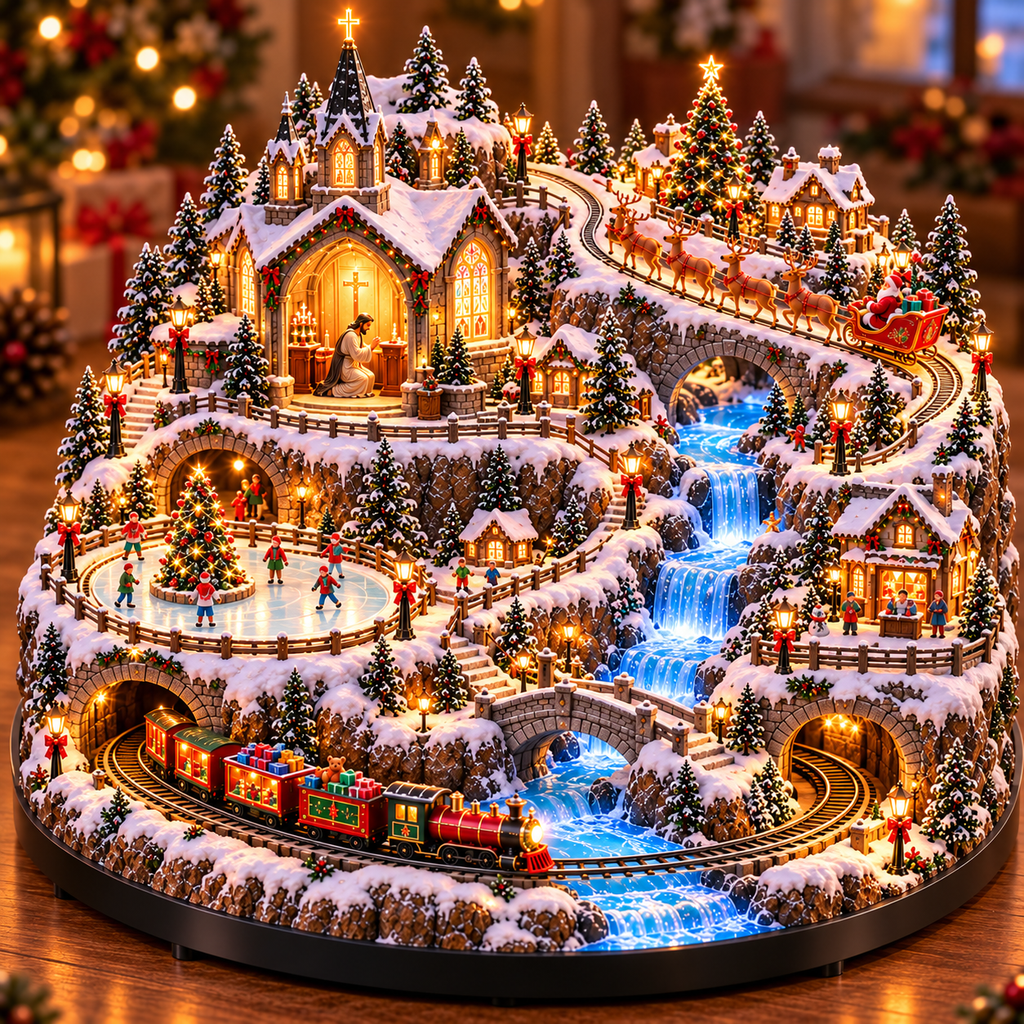 Sevair Deco Lighted Animated Christmas Village with Train, Reindeer Sleigh & Waterfall