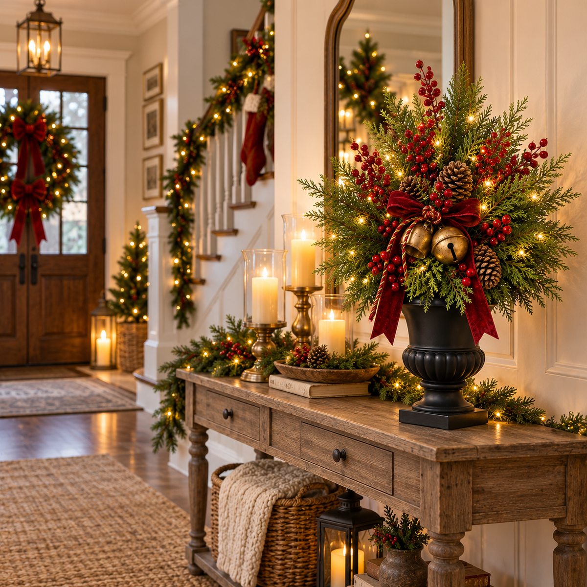 Sevair Deco 24-Inch Pre-Lit Artificial Christmas Evergreen Urn Filler with Berries, Pinecones & Vintage Bells