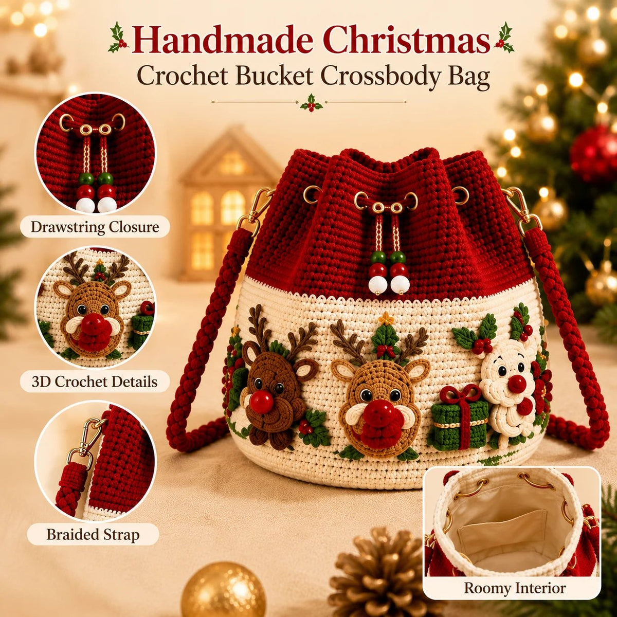 Sevair Deco Christmas Crochet Bucket Crossbody Bag