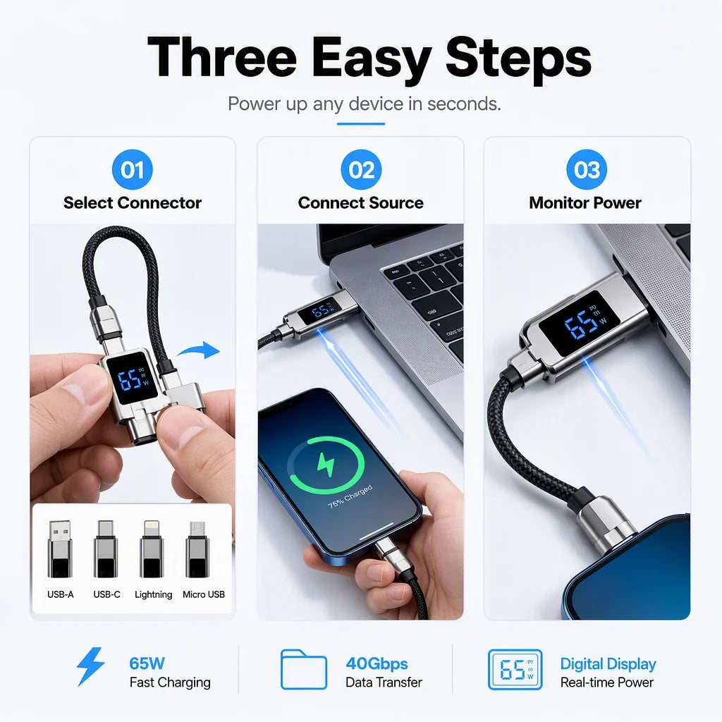 Sevair Deco 4-in-1 Keychain Fast Charging Cable charging steps