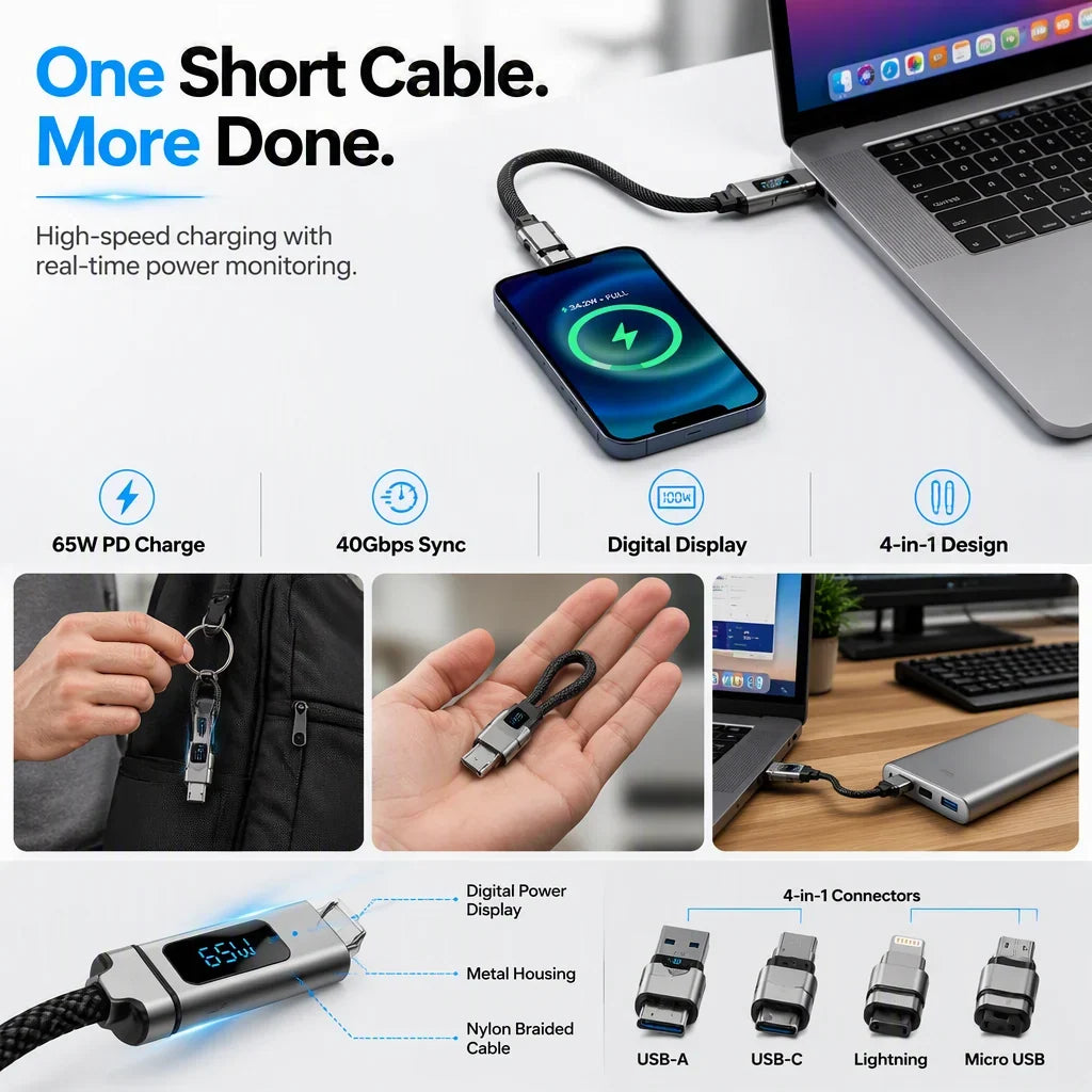Sevair Deco 4-in-1 Keychain Fast Charging Cable connector overview