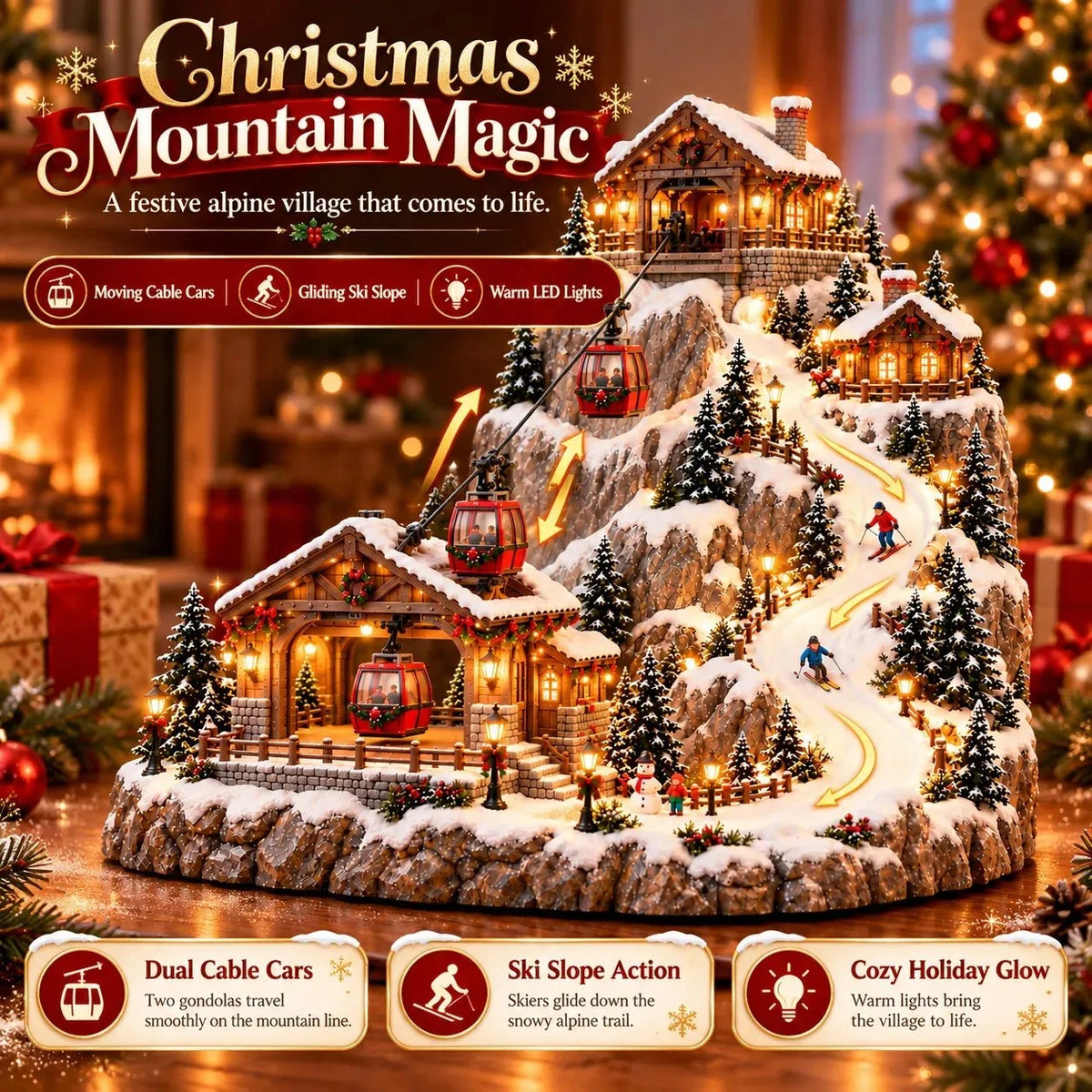 Sevair Deco Animated Christmas Cable Car Ski Village animated features