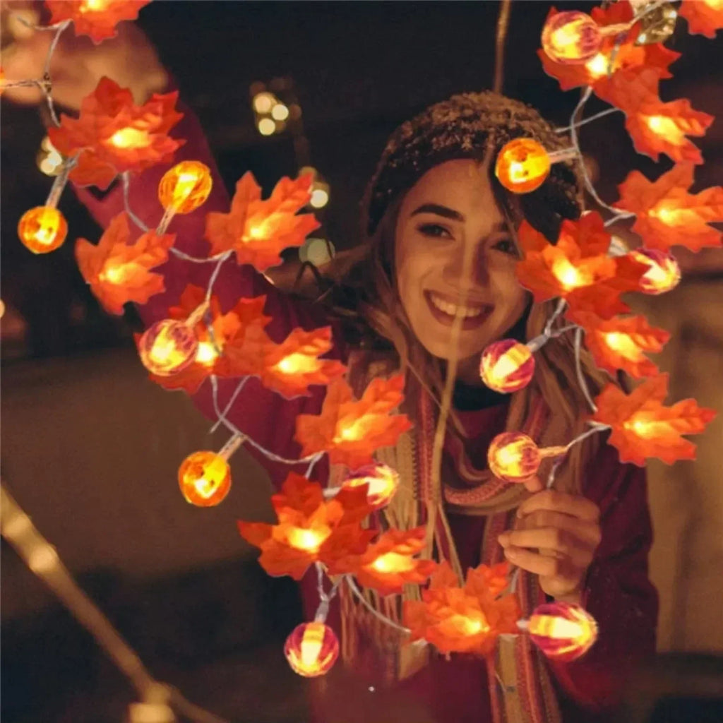 Sevair Deco Autumn Pumpkin and Maple Leaf String Lights festive styling