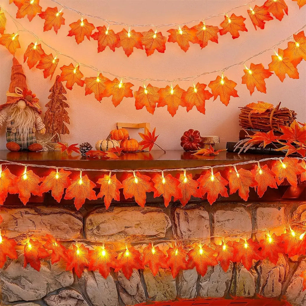 Sevair Deco Autumn Pumpkin and Maple Leaf String Lights fireplace decor
