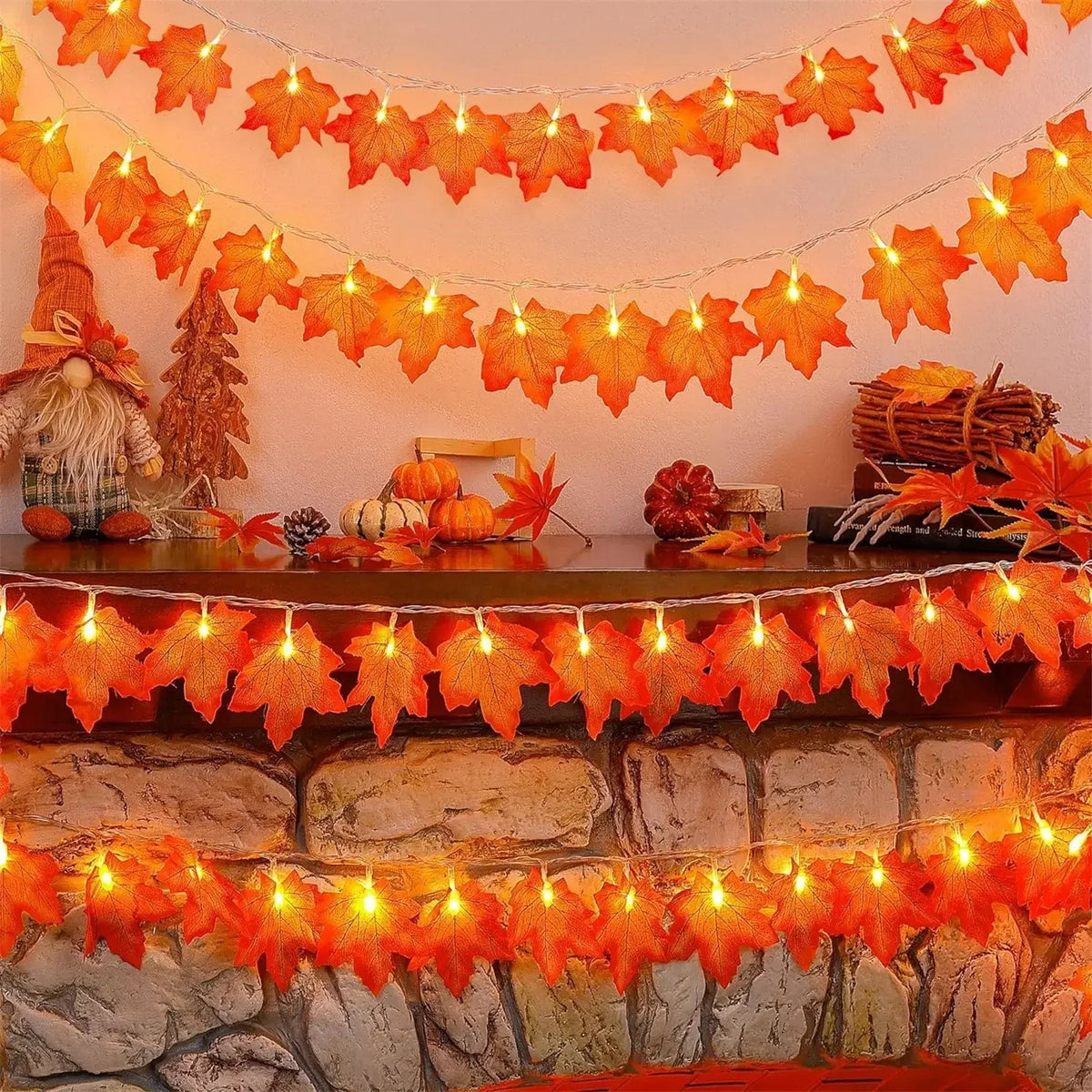 Sevair Deco Autumn Pumpkin and Maple Leaf String Lights fireplace decor