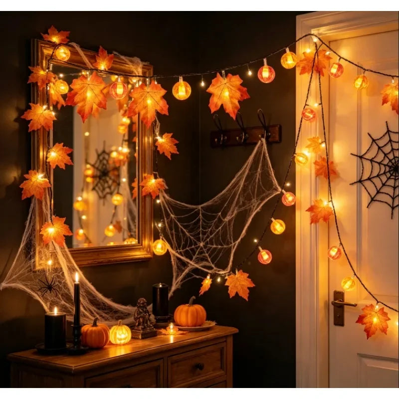 Sevair Deco Autumn Pumpkin and Maple Leaf String Lights halloween display