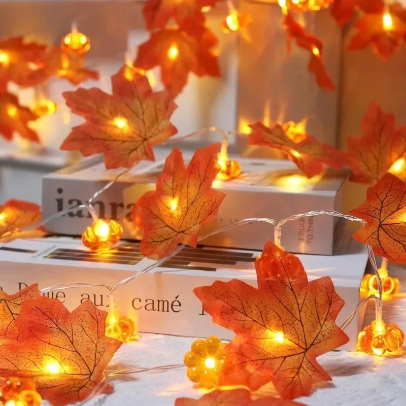 Sevair Deco Autumn Pumpkin and Maple Leaf String Lights leaf closeup